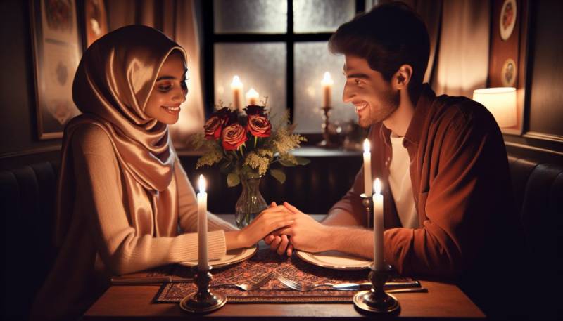 浪漫情人节晚餐布置，配有蜡烛和玫瑰